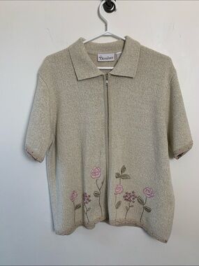 TanJay Vintage Oatmeal Zip-Front Knit Polo with Pink Floral Embroidery